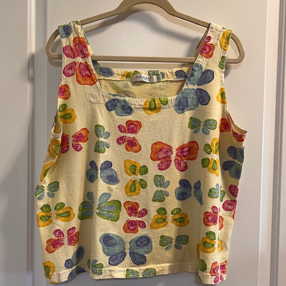 Fresh Produce XL Square Neck Boxy Tank Top - Soft Yellow with Butterflies